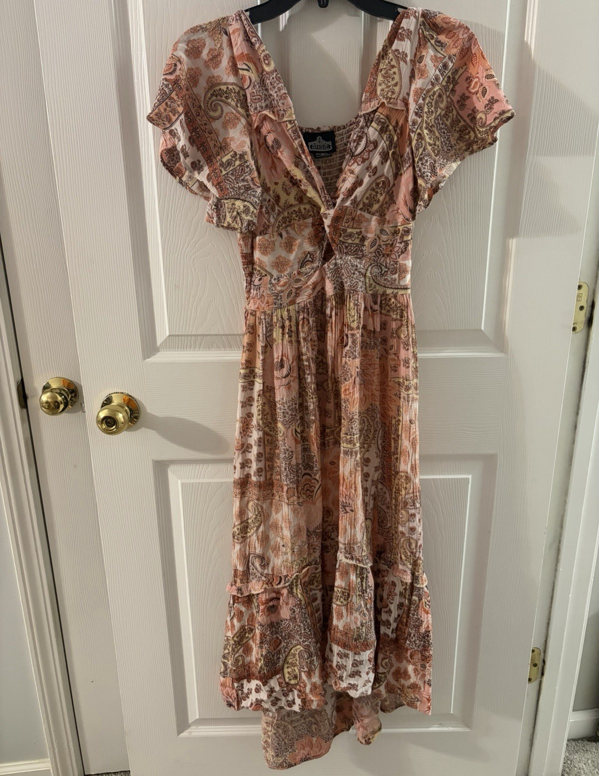 Angie Women’s S Fit & Flare V-Neck Smocked Midi Paisley Rayon Puff Sleeve