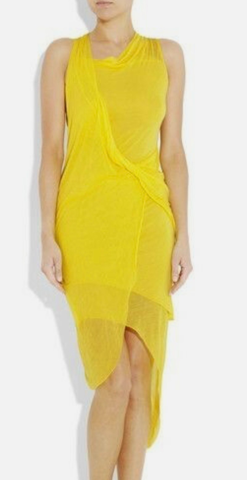 Helmut Lang Women Yellow Draped Asymmetric Viscose Summer Dress SZ L NEW