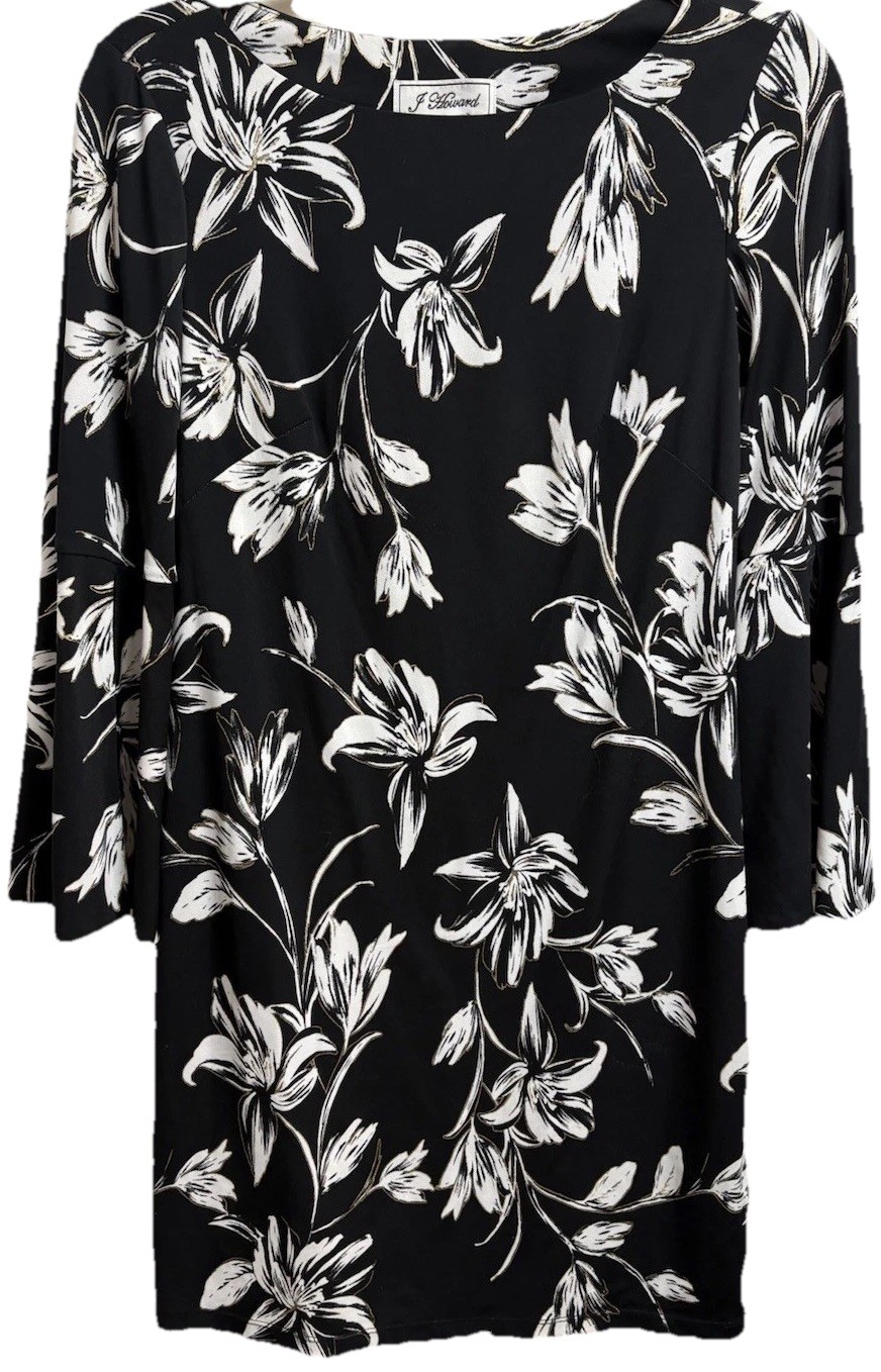 J Howard Womens 6 Black White Floral Shift Dress Bell Sleeve Classic Career
