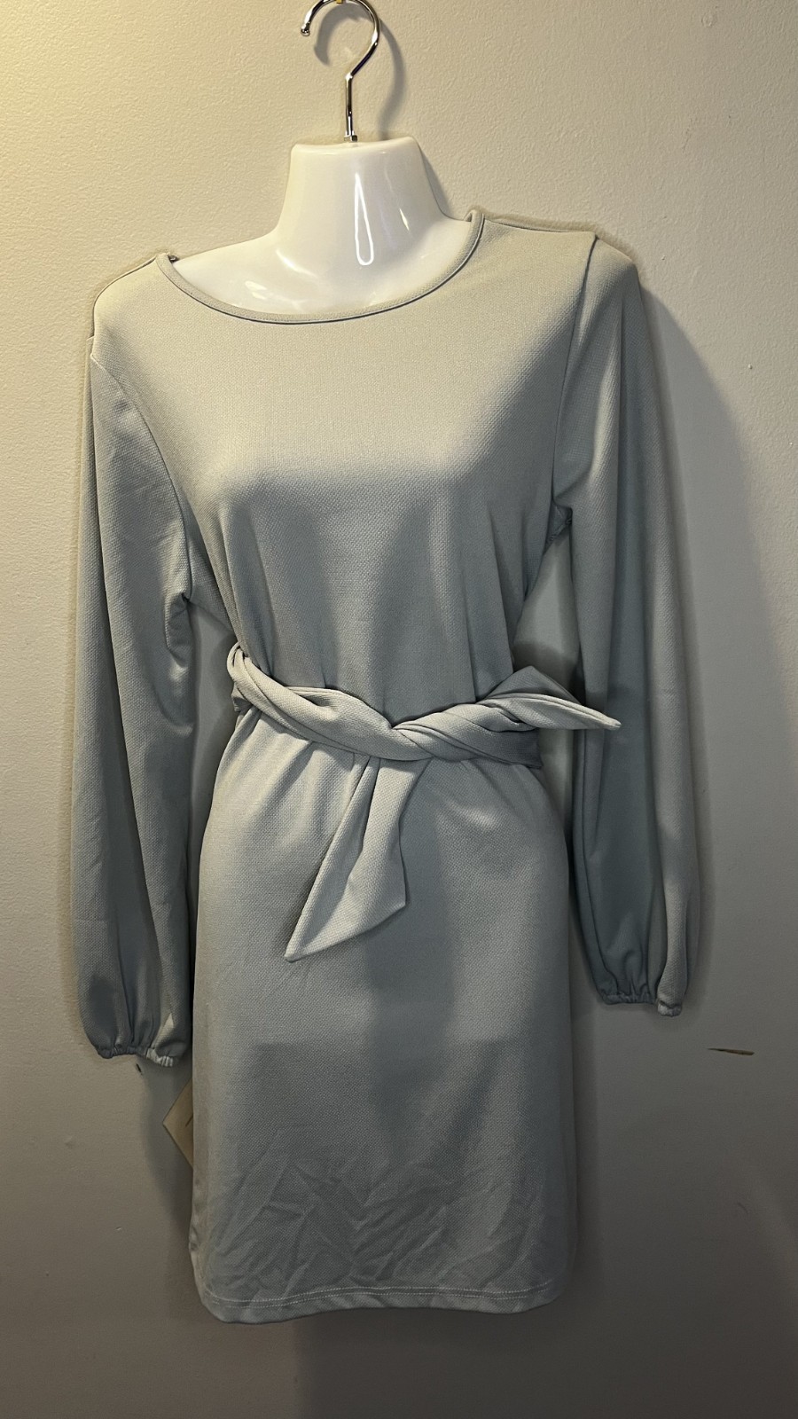 PRETTYGARDEN Long Sleeve Tie Waist Dress Small Sage Gray Shift Balloon Sleeve
