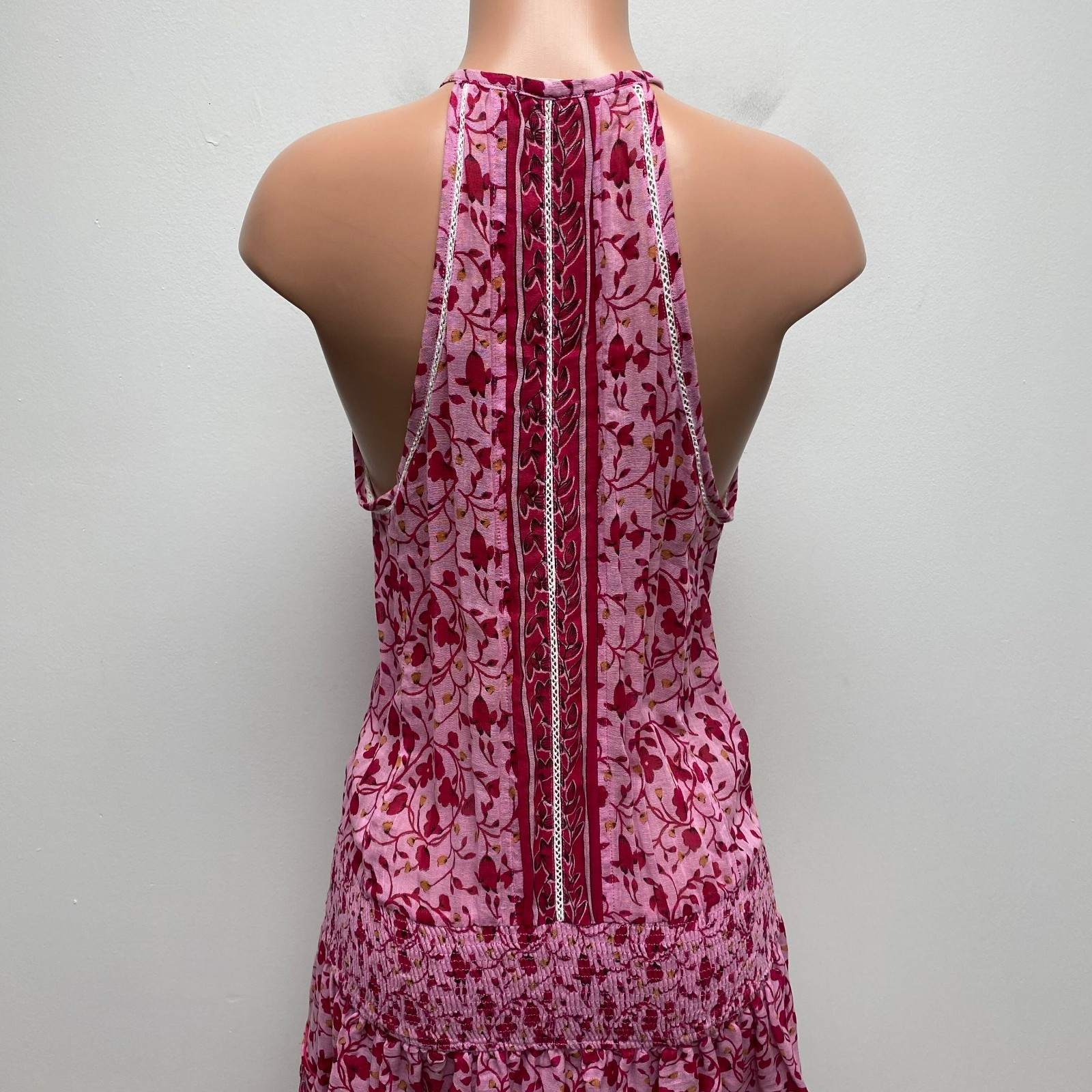 Poupette St Barth Womens Pink Floral Halter Sleeveless Smocked Ruffled Dress L