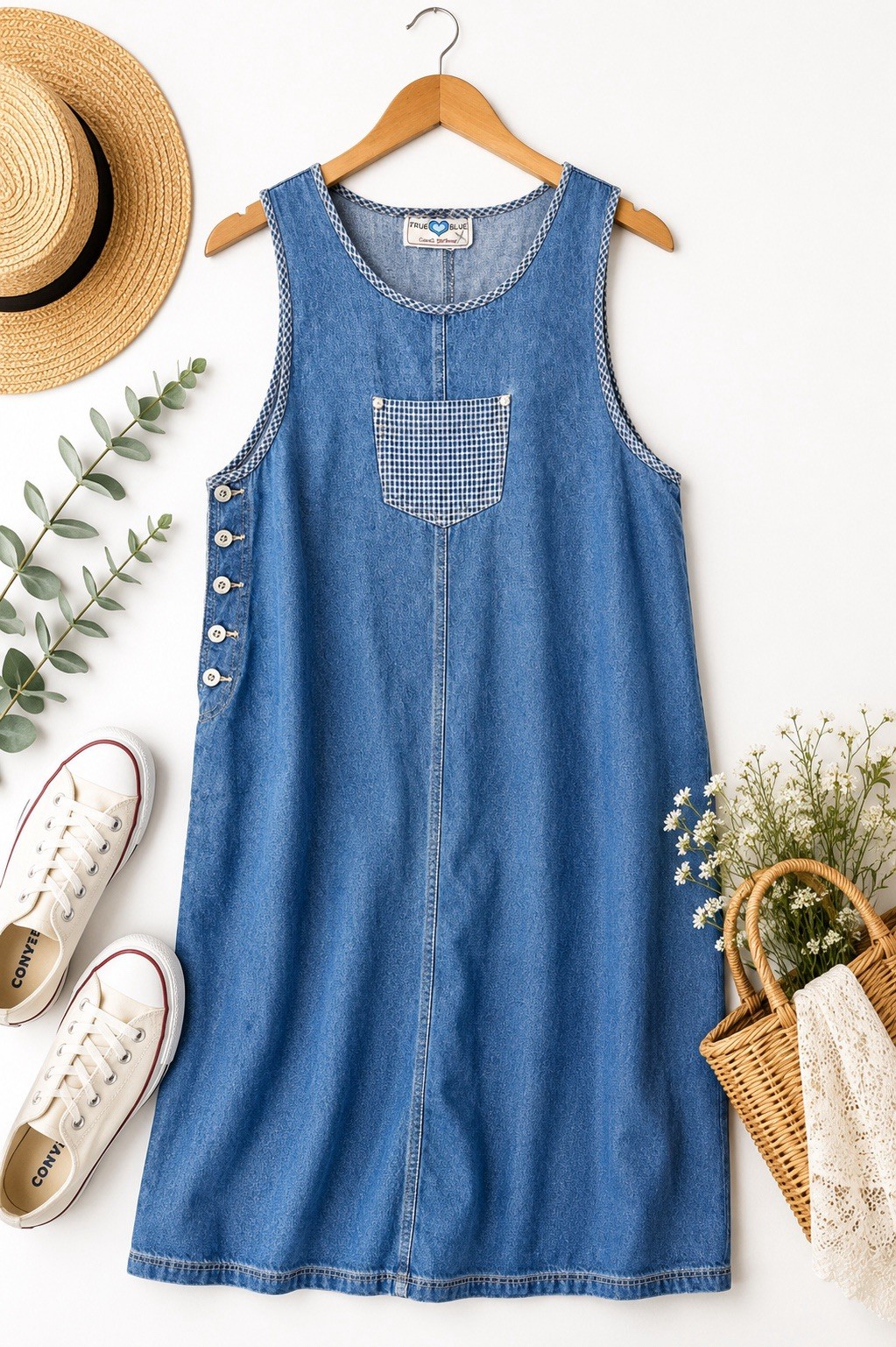 True Blue Denim Jumper Dress Cottagecore Prairie Farmhouse Midi Pinafore L F95