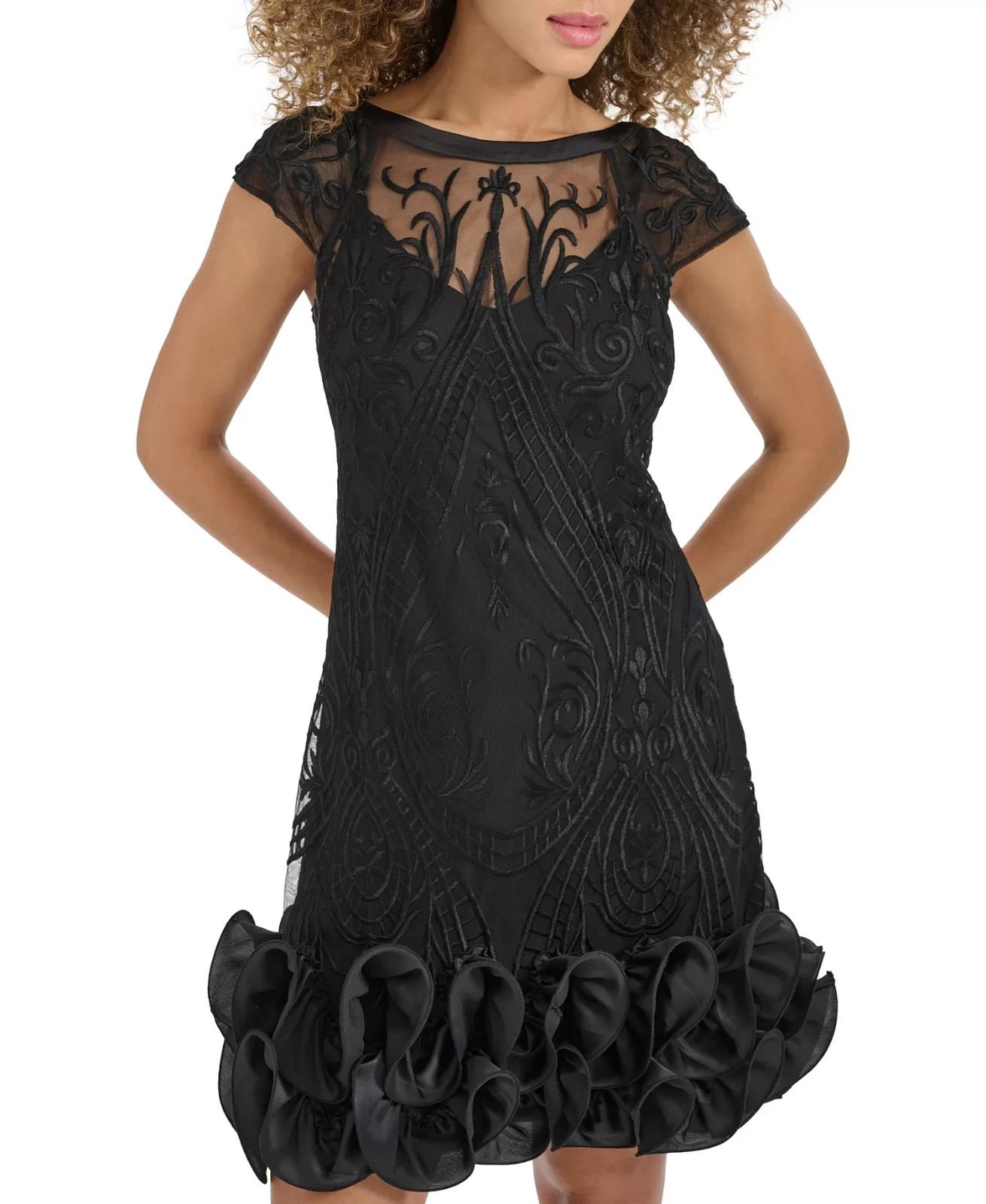 Kensie Embroidered Mesh Ruffled Hem Sheath Dress Womens 10 Black $188