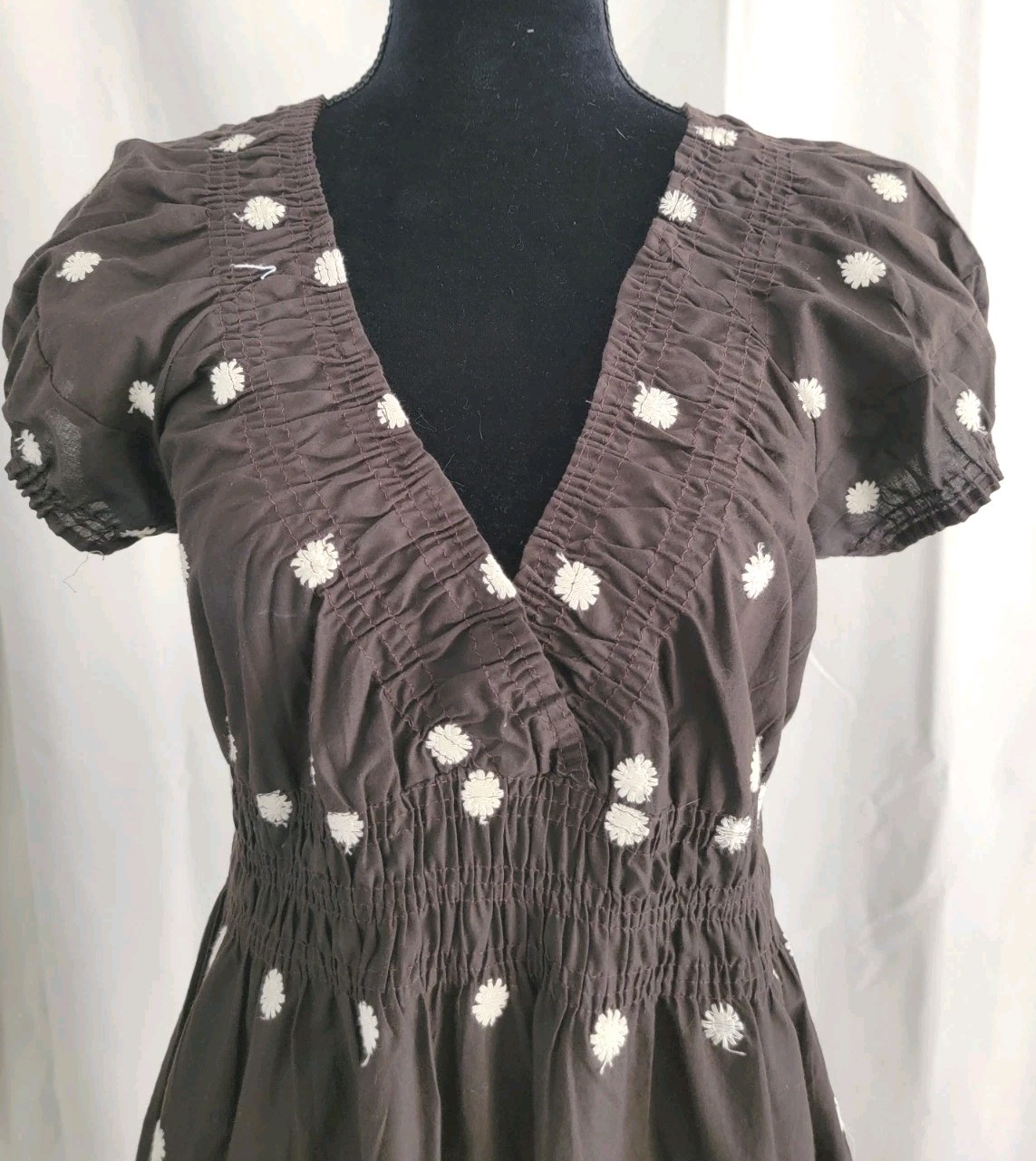 Cute Options Brown Boho Peasant Dress Women’s L White Embroidered Puff Sleeve Y2