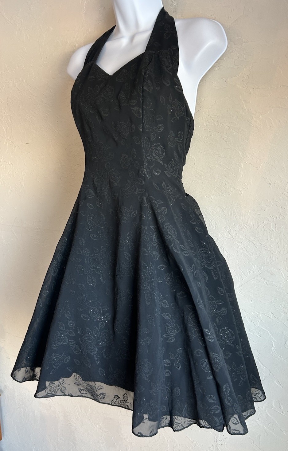Vintage Masquerade Black Halter Floral Party Dress 7 S Goth Prom Glitter Tulle