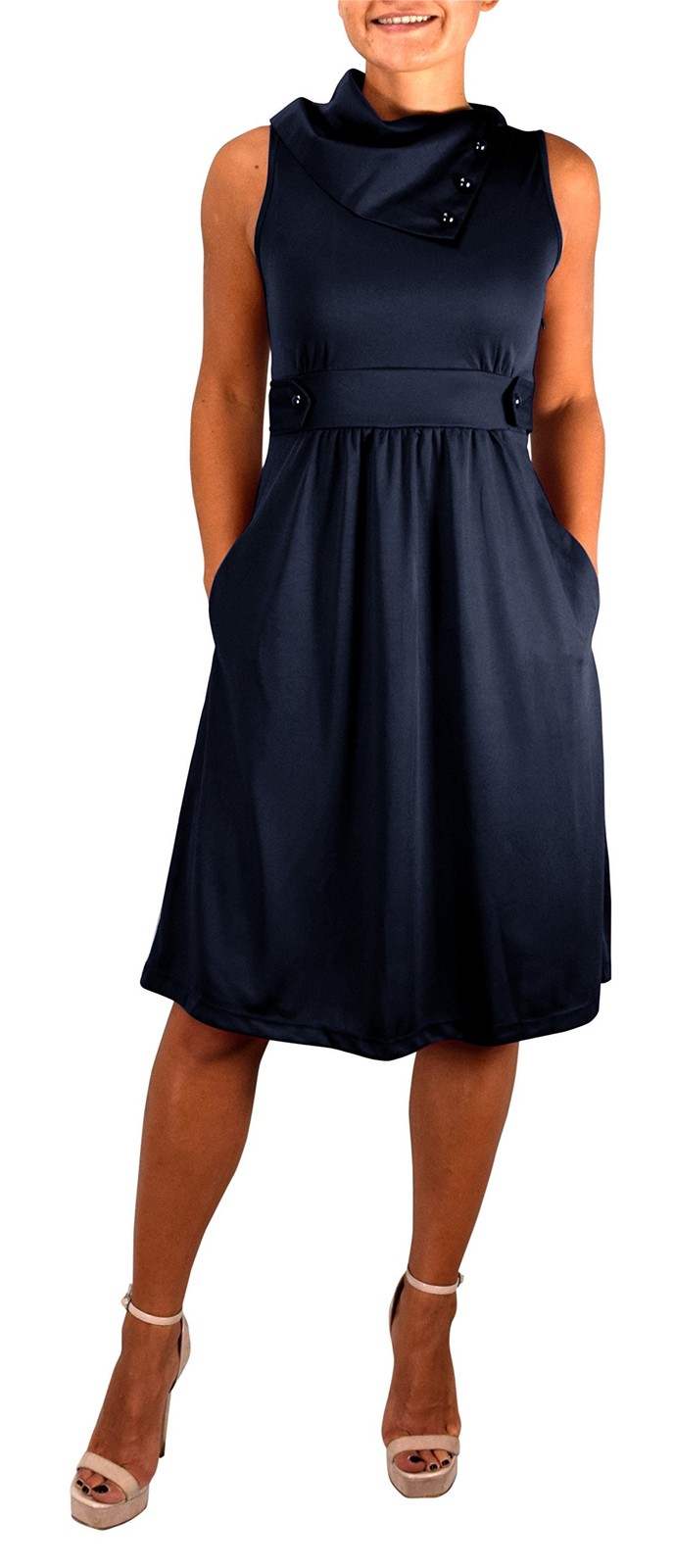 Womens Sleeveless A-Line Dress Fold Over Collar Casual Navy Large