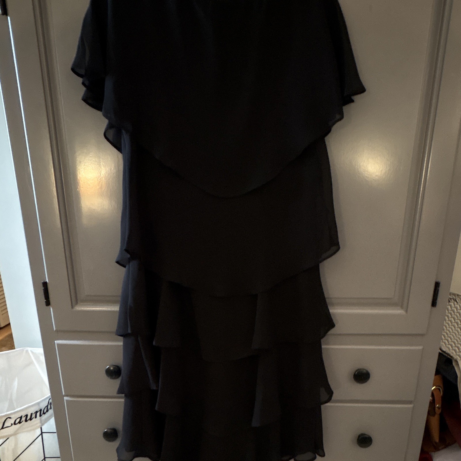 SLNY Women’s Black Chiffon Layered Ruffle Rhinestone A-Line Knee Dress 14