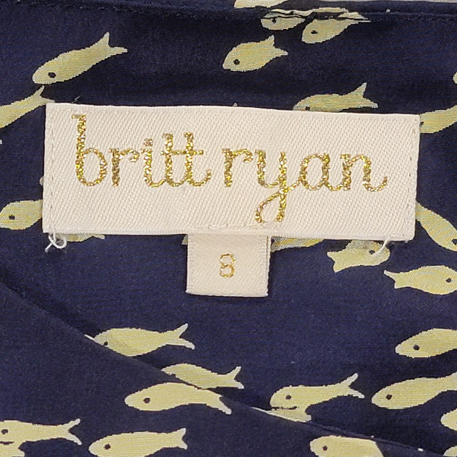 Britt Ryan 100% Silk Fish Print Shift Dress Navy 3/4 Sleeve Women’s Size 8