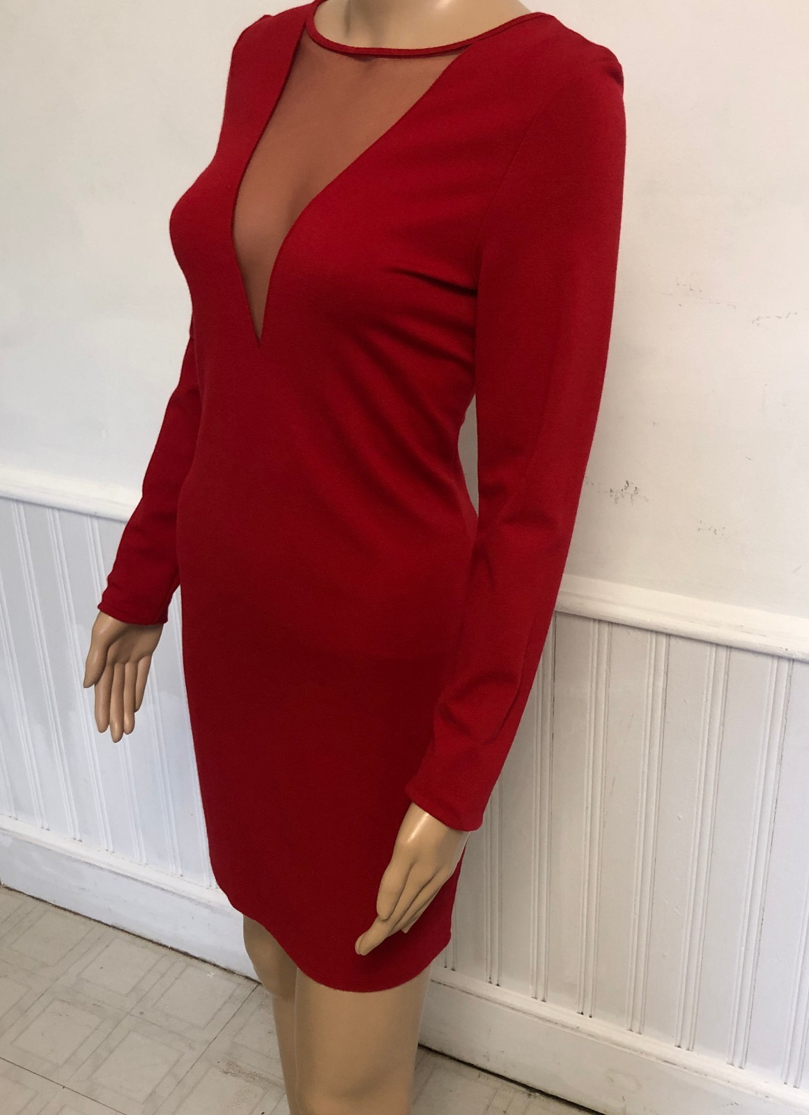 Red Sassy Bodycon Deep V Sheer Mesh Mini Dress Sz Large Long Sleeve
