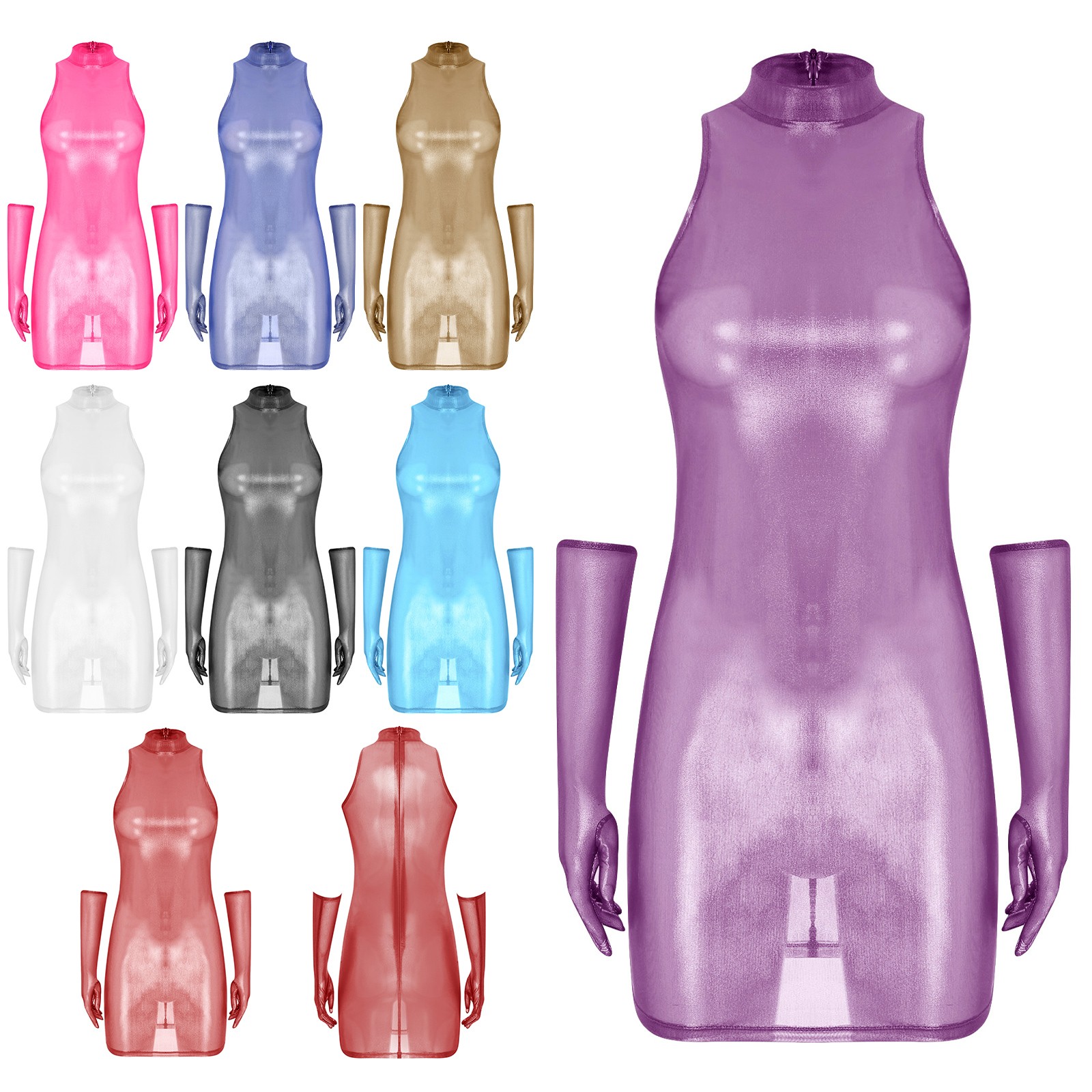 US Women’s Shiny See Through Bodycon Sleeveless Mini Dress with Gloves Clubwear