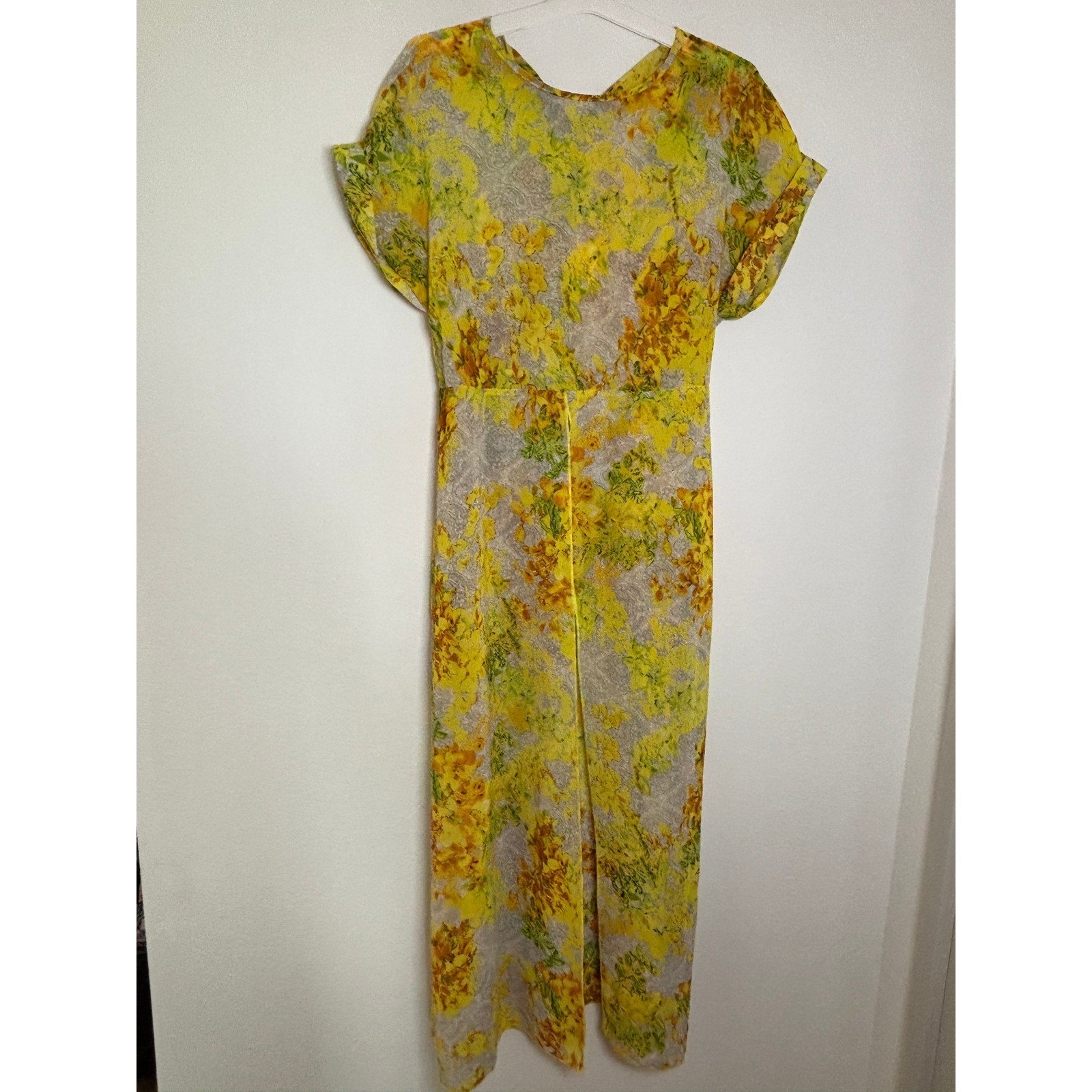 SHEIN Yellow Floral Maxi Dress Short Sleeve Slit Elastic Waist Large L 8/10