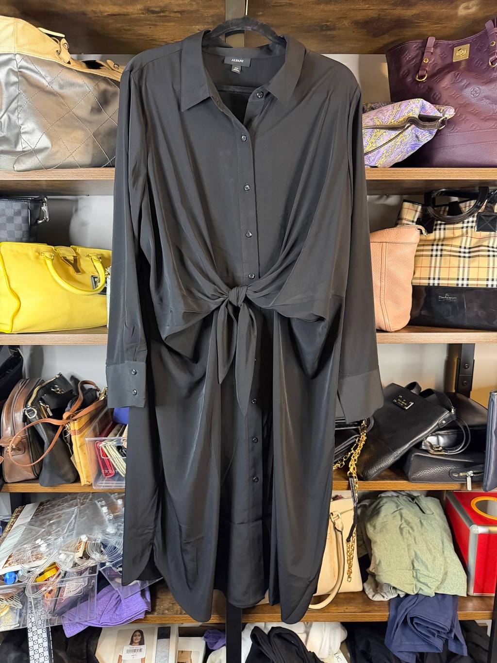 Women’s Alfani Long Sleeve Tie-Front Shirt Dress Black Size 22W