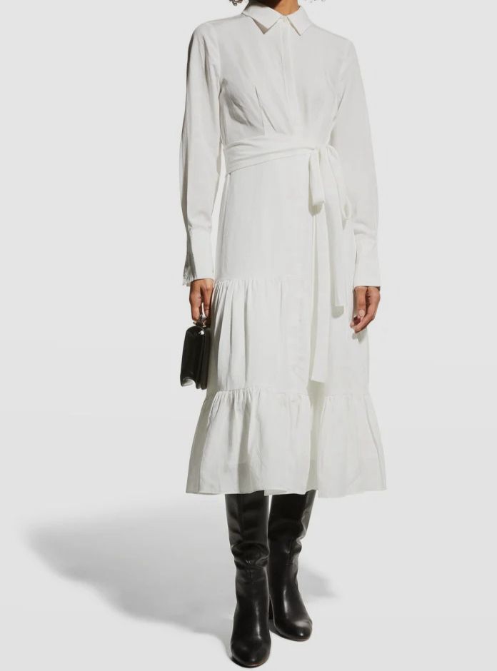$398 Kobi Halperin Women’s White Lidia Long Sleeve Tiered Shirt Dress Size S