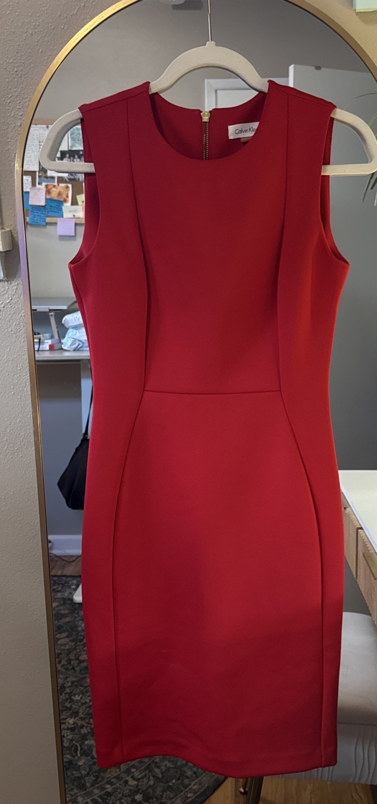CALVIN KLEIN Woman Size 4 Red Neoprene Scuba Stretch Sheath Dress Work