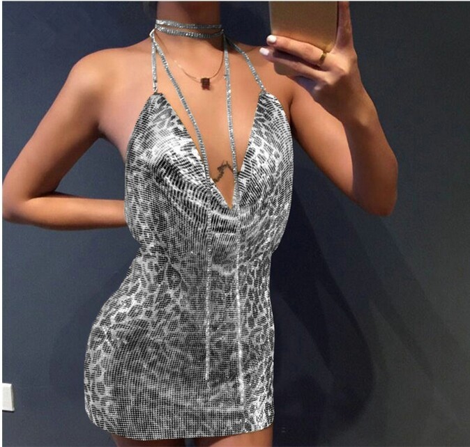 Hot Metal Chain Halter Women Backless Mini Dress High Slit Night Dress Party