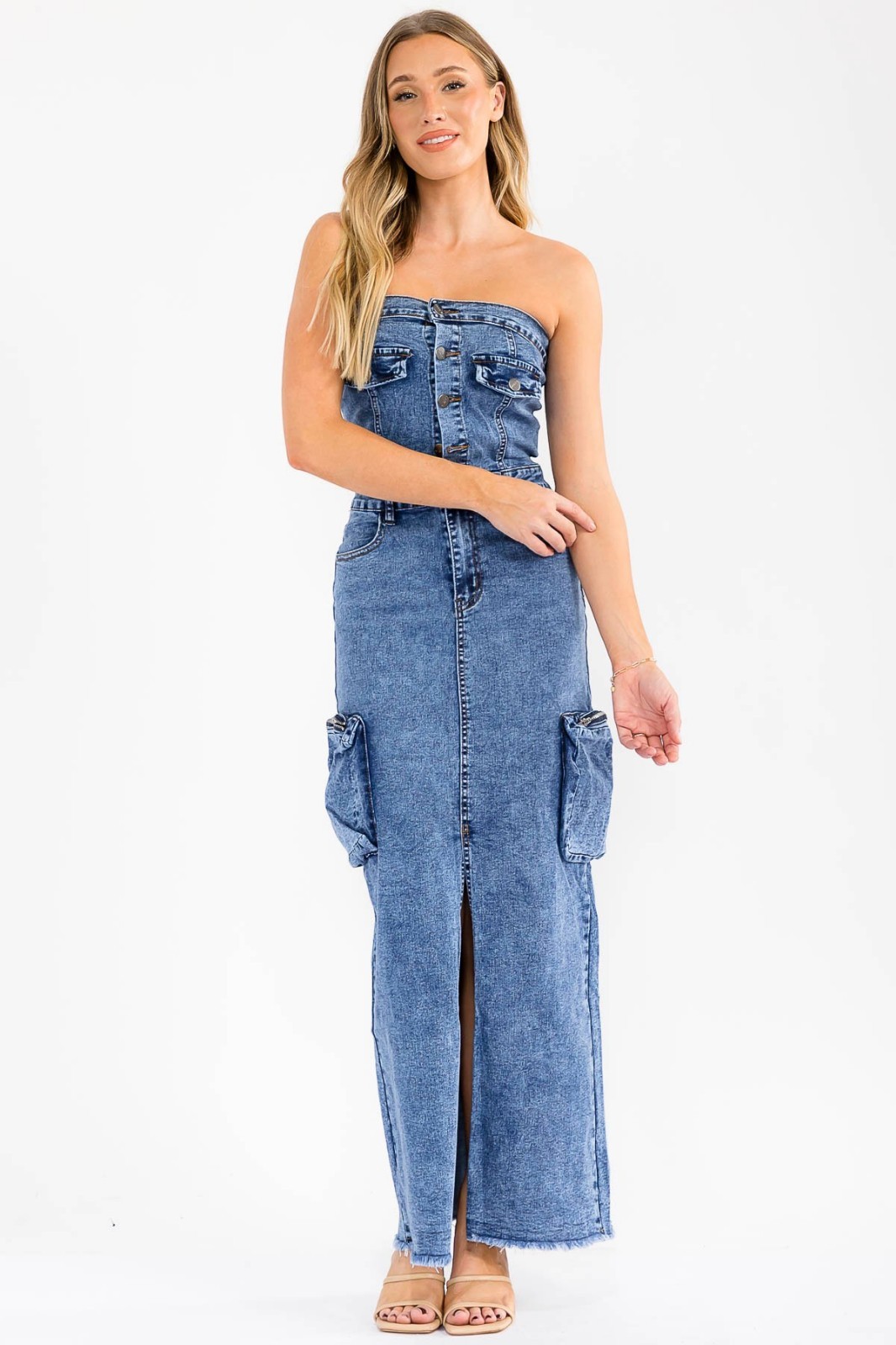 Denim Stretch Maxi Split Dress Cargo Pockets 2026 Trend SMALL MEDIUM LARGE NWT