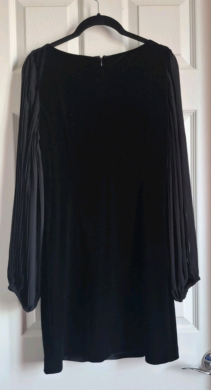White House Black Market Pleated Sheer Long Sleeve Black Velvet Shift Dress Sz 0