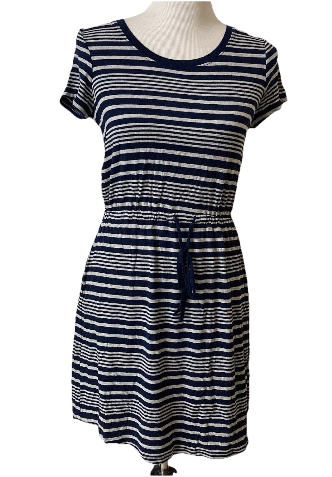 Olive & Oak Women’s Dress Sz S Navy Gray Striped Drawstring Belt T-Shirt Style