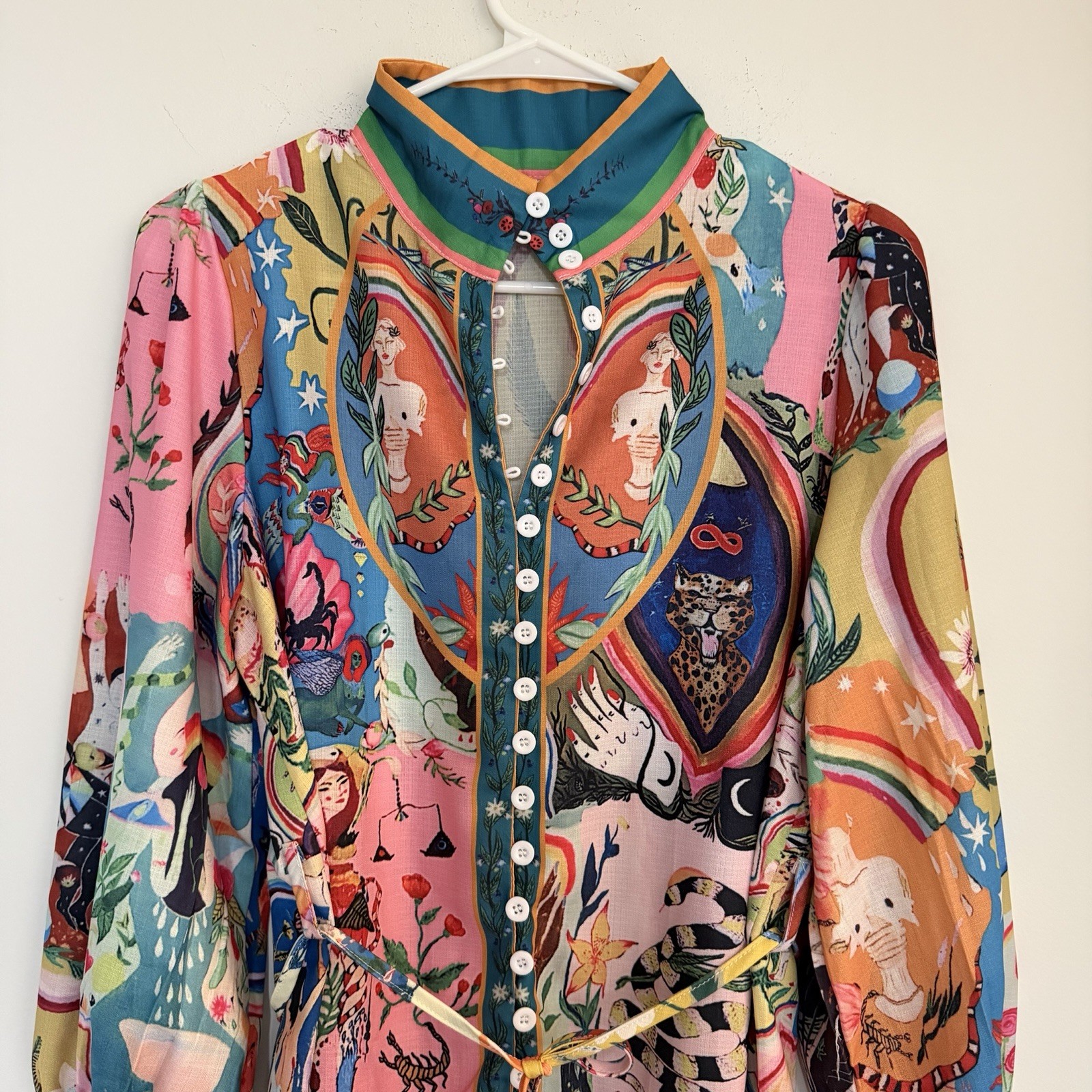Multicolor Graphic Print Cotton Mini A-Line Long Sleeve Button Front Dress S/M