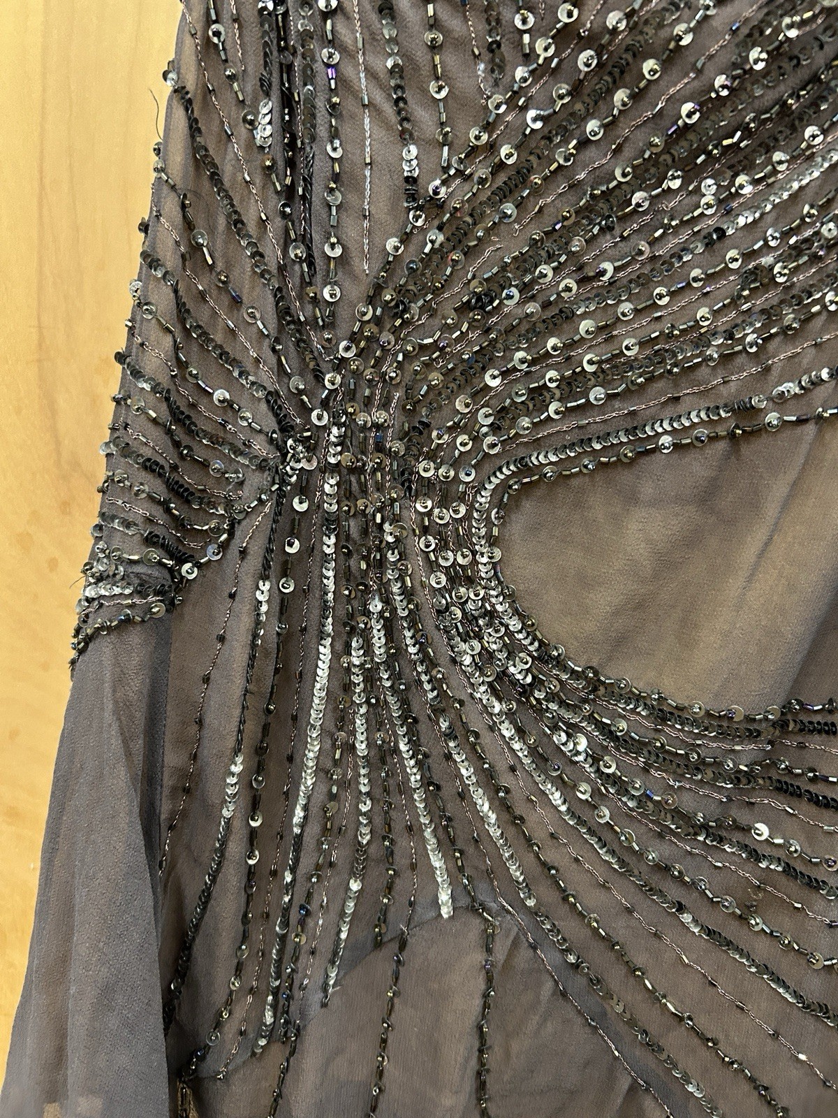 VTG Cassandra Stone 100% Silk Beaded Sequin Halter Brown Dress 4 Ruffle Fairy