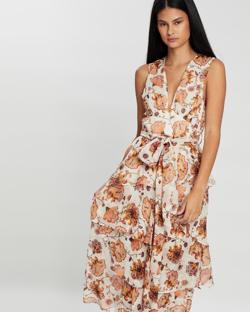 Shona Joy Baez Midi Dress Size AU 8 | US 4 Plunge Tiered Long Floral Belted