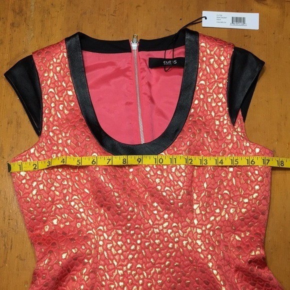 Melon Gold Metallic Leather Trim Jacquard Dress Concert Cocktail Contemporary