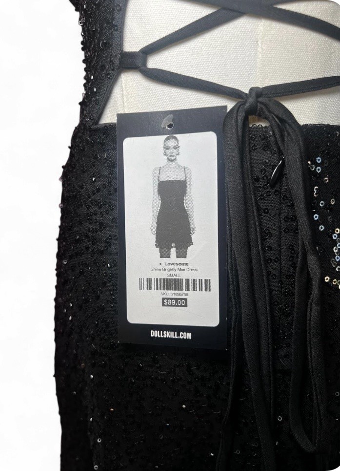 Dolls Kill Lovesome Shine Brightly Black Sequin Lace Up Mini Dress NWT Small