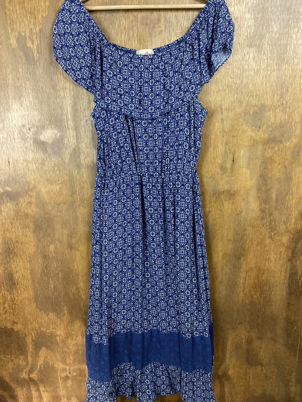 Wishful Park Blue White Print Off Shoulder Peasant Dress w/ Crochet Lace Sz XL