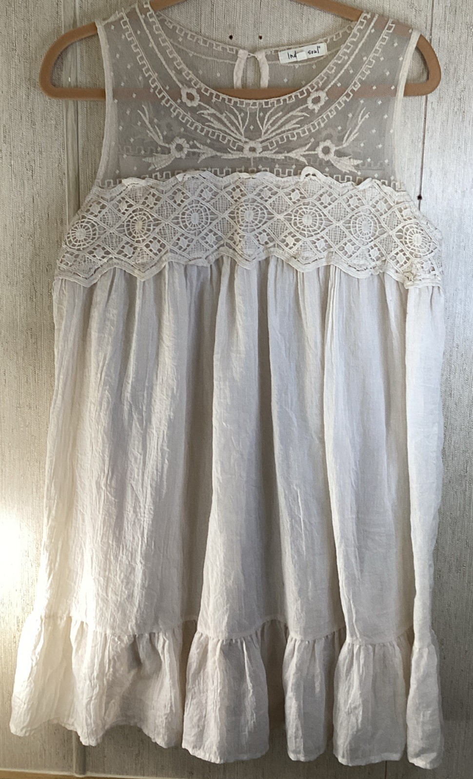 Indigo Soul Ivory Lace Top Sleeveless Dress Lined Keyhole Back Boho Flow Sz L