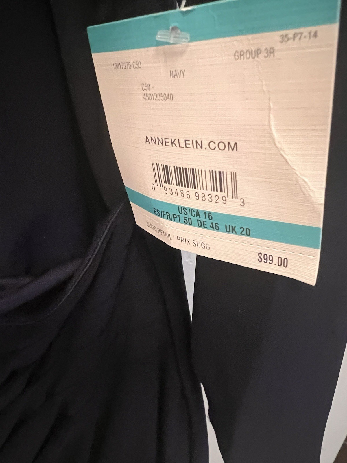 NWT Anne Klein Navy Machine Washable Dress Size 16 With 3/4 Length Sleeves
