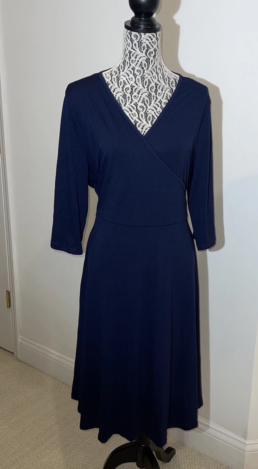 Bedoar Plus 20 Navy Blue 3/4 Sleeve Pockets Cotton Poly Dress Vneck Solid New