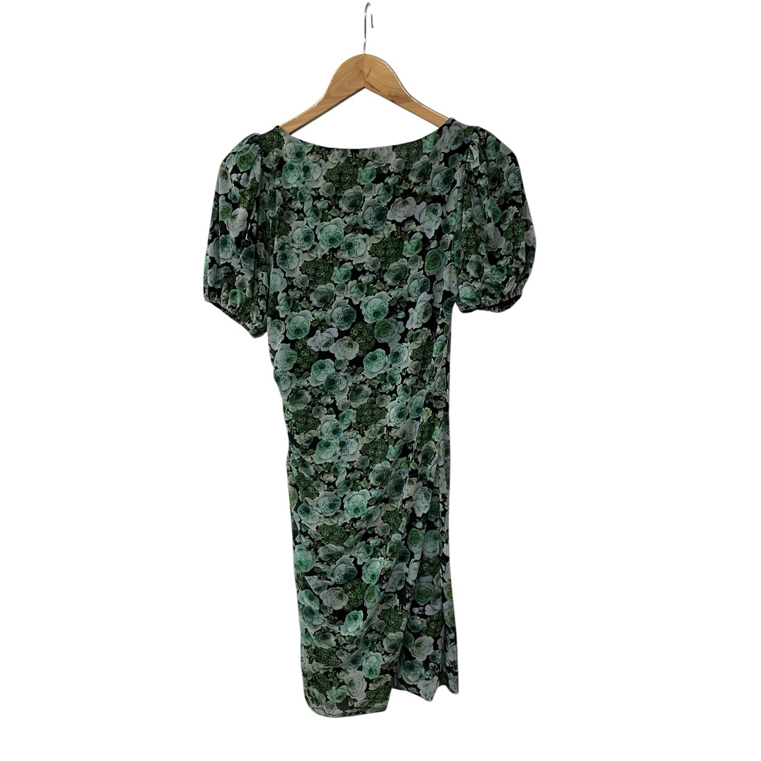 Ganni Green Floral Ruched Mesh Mini Dress Short Puff Sleeve 38