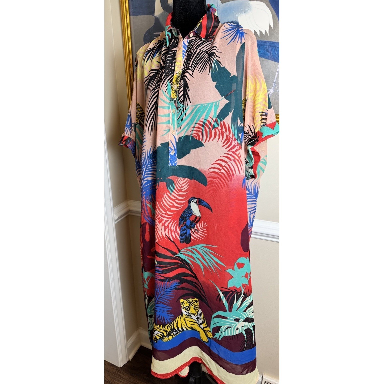 Tropical Jungle Tiger Toucan Kaftan Sheer Maxi Dress Resortwear Multicolor