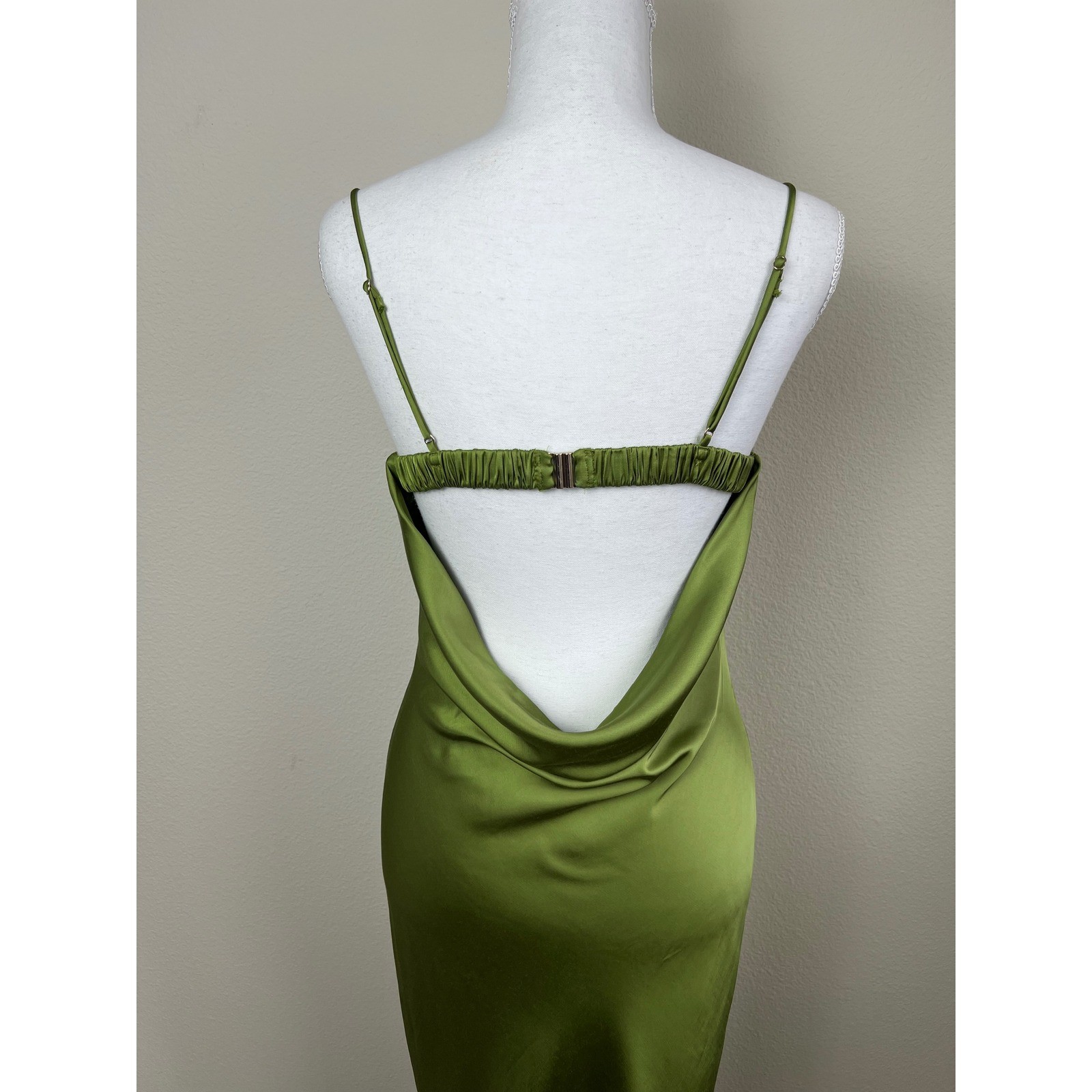 Abercrombie & Fitch Satin Slip Maxi Dress S Olive Open Cowl Back Wedding Guest