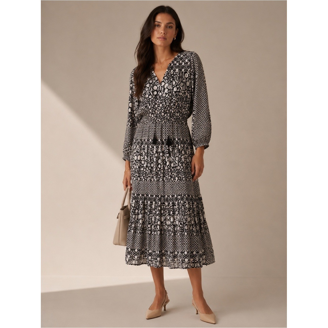 J.McLaughlin Black & Ivory Patterned V-Neck Midi Dress