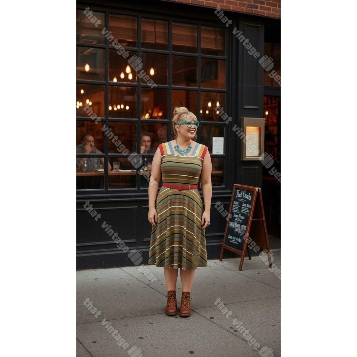 Effie’s Heart MODCLOTH Retro Pin Up Colores Flare Striped 70s Dress, Small