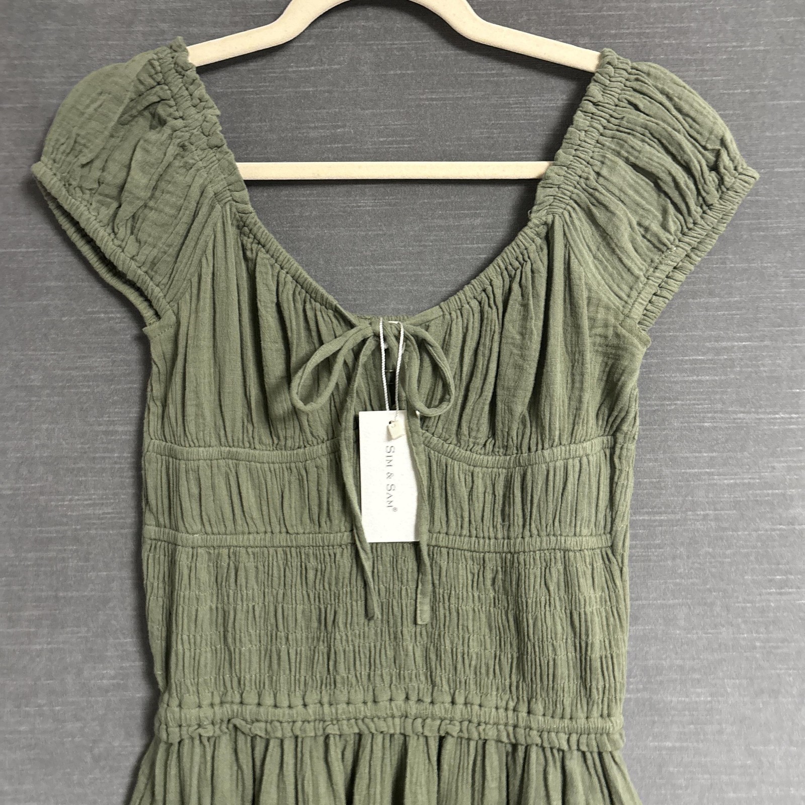 NEW Sim Sam Dress M Green Milkmaid Smocked Puff Gauzy Dainty Romantic Midi Maxi