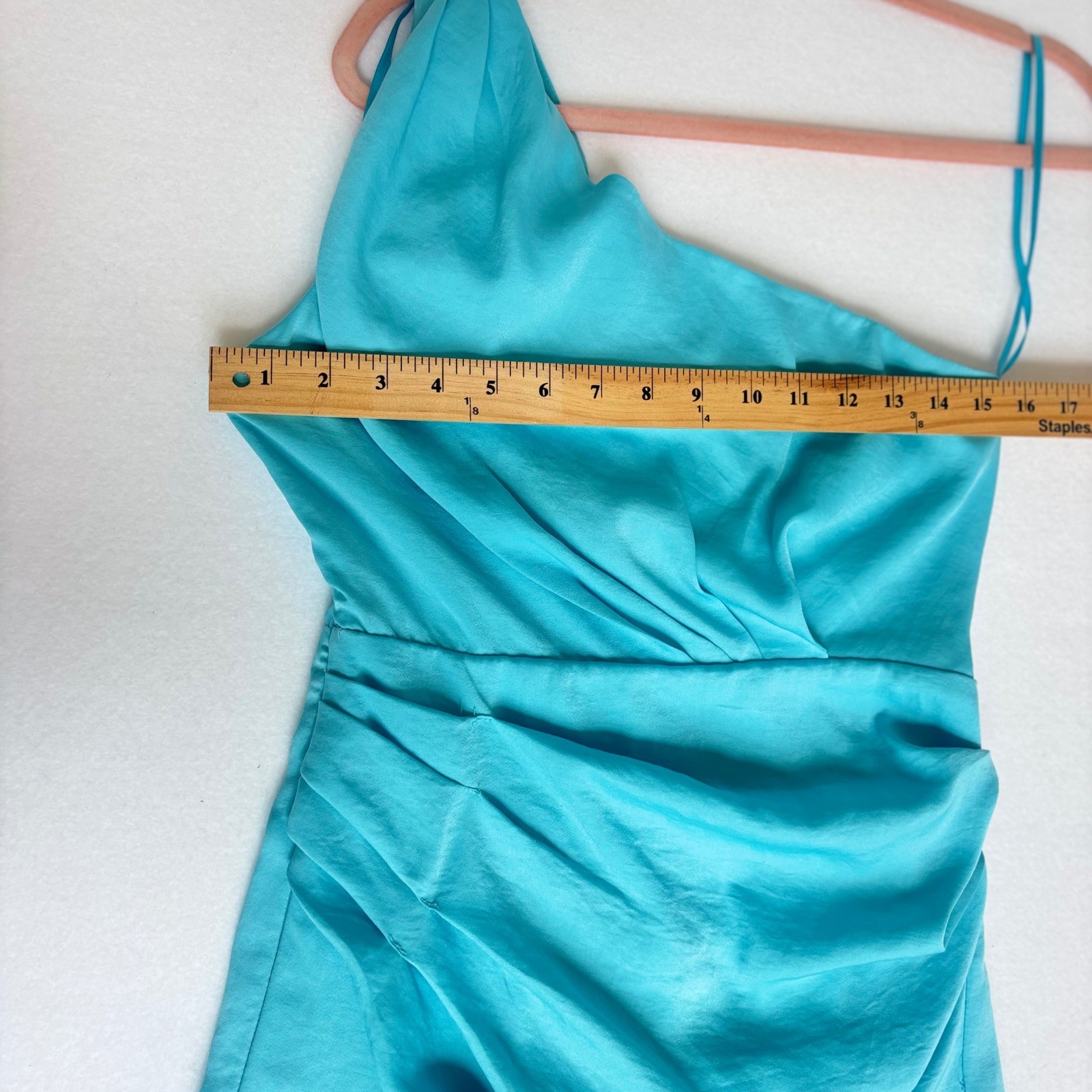 DO+BE Turquoise Blue One Shoulder Draped Ruched Tulip Midi Dress Sz Small NWT