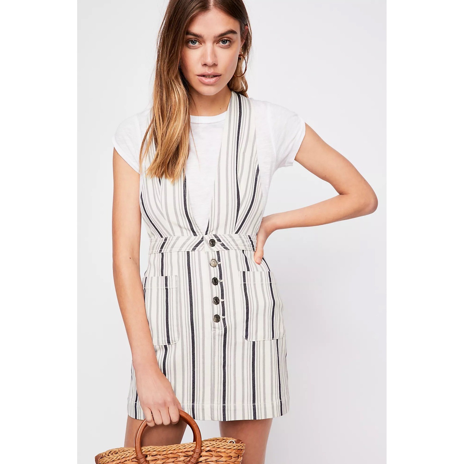 Free People Suspenders Dress Size 0 Striped Apron Jumper Denim Nautical Sailor⁠