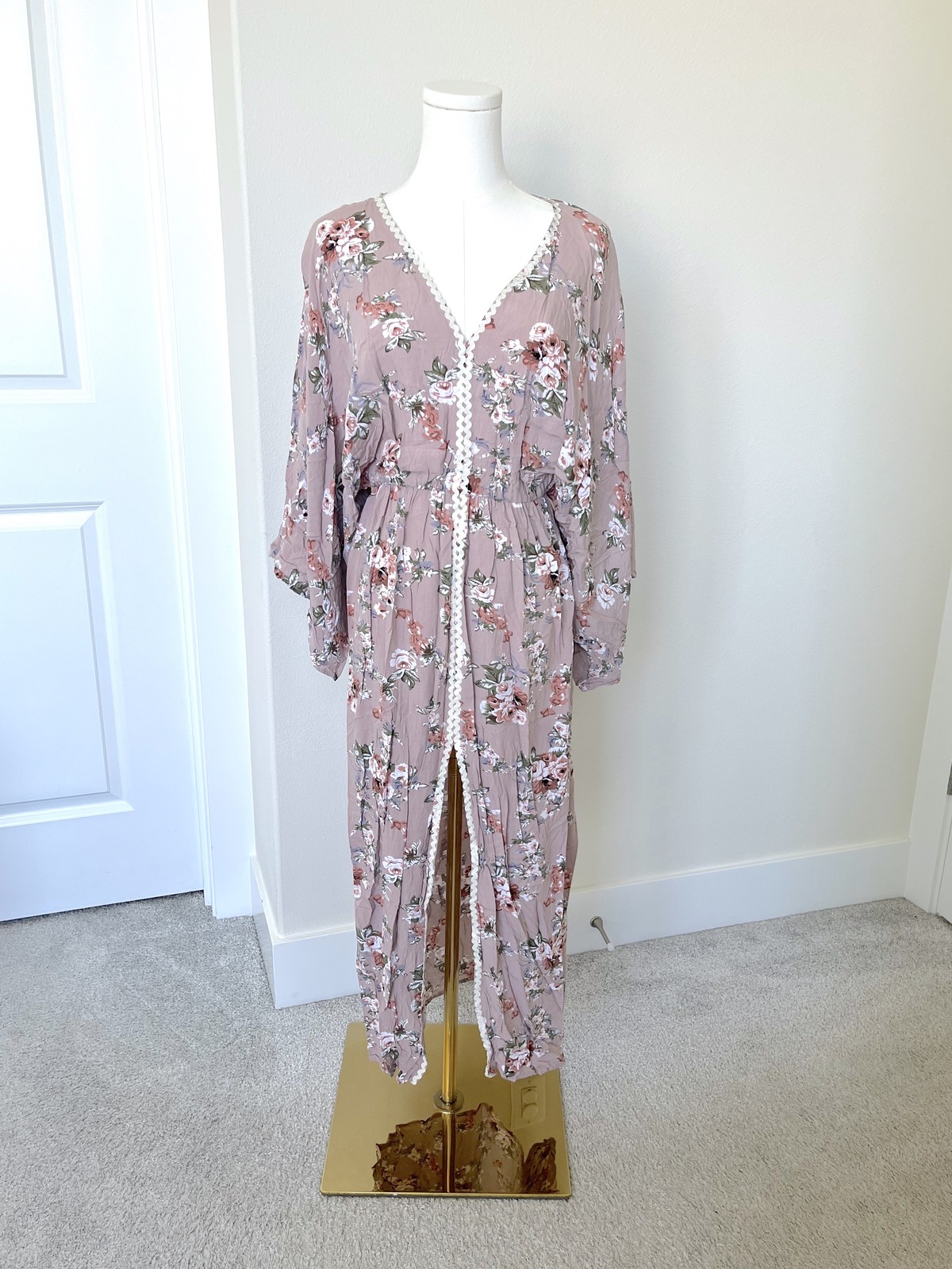 Prairie Cottagecore Oversized Kimono Style Floral Dusty Mauve Maxi Slit Dress