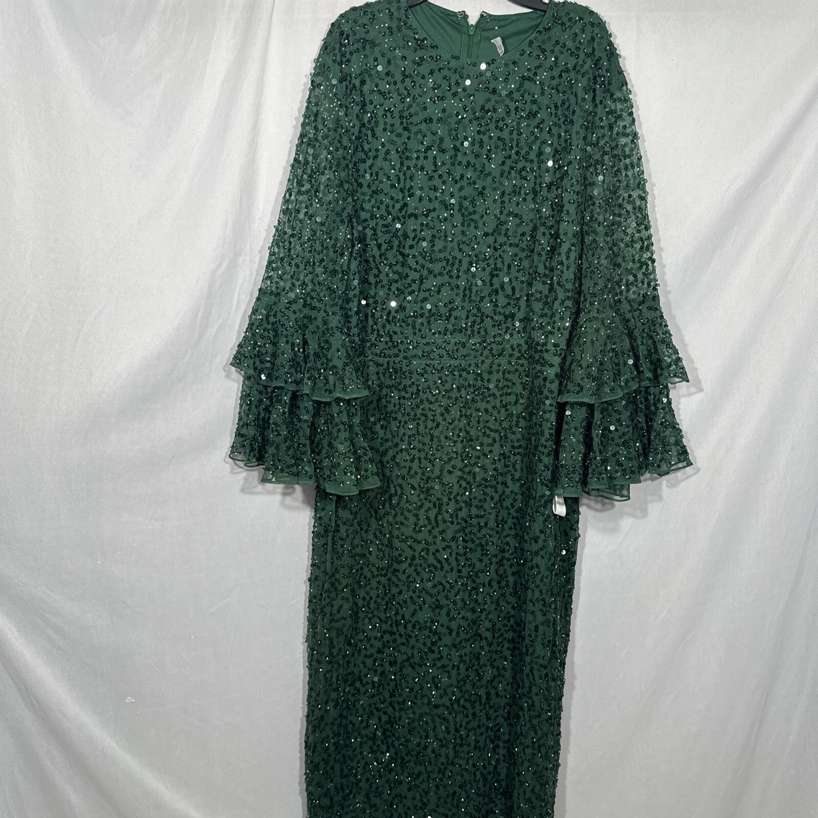 NWT $458 Mac Duggal [ 18 ] Sequined Ruffle Tiered Midi Dress Emerald #G1281