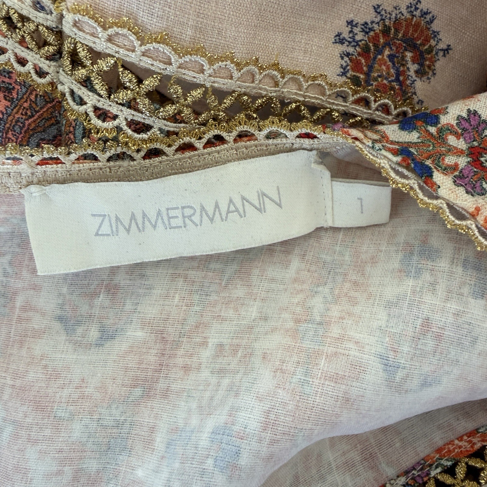 Zimmermann Devi Spliced Mini Dress Size 1/AU 10/US 8 Gold Trim Paisley Rare EUC