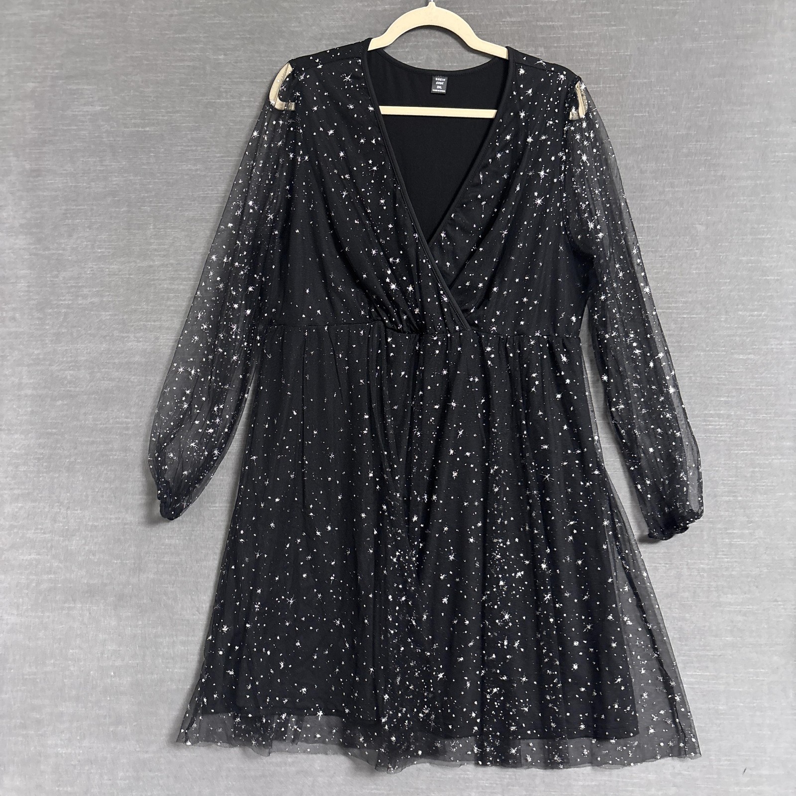 SheIn Curve Dress 2XL Black Star Mesh Wrap Celestial Glitter Party Witchy Goth