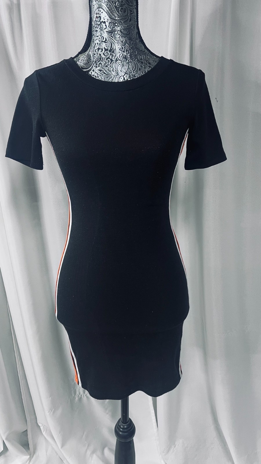 Divided H&M Black Bodycon Pencil Dress Size XS Side Stripes Orange White Ribbed