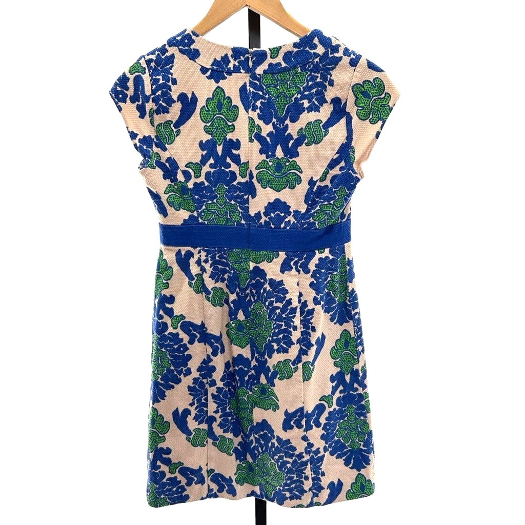 Boden Blue and Tan Tapestry Notch Neck Zip Back Sheath Dress Sz 4P 50’s Inspired