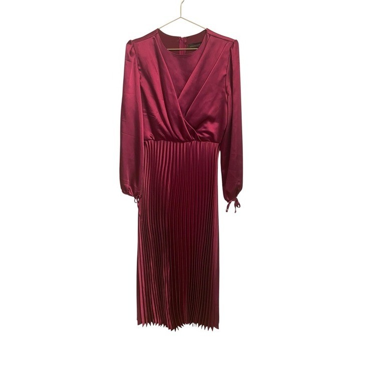 ANNAHHARI Burgundy Satin Pleated Midi Dress Long Sleeve Tie Cuff Modest 12
