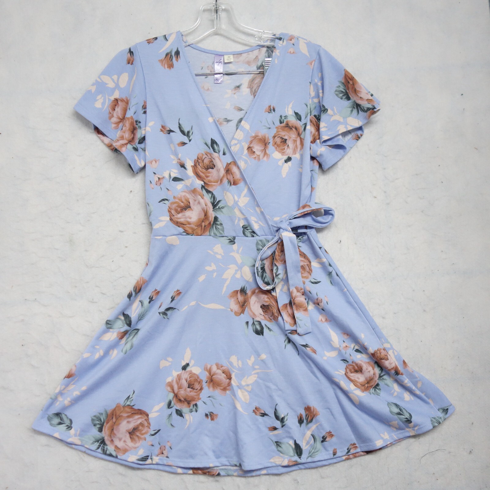 Alya A-Line Wrap Dress Women’s M Blue/Pink Floral Short Sleeve V-Neck Polyester