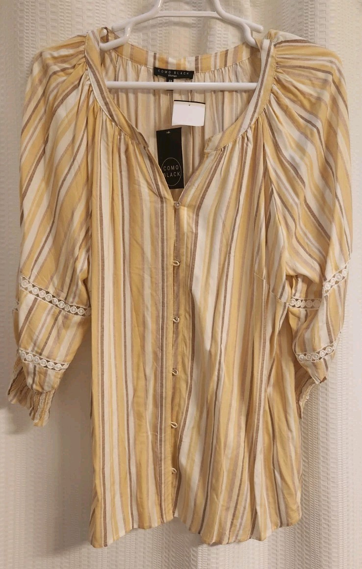 Como Black Blouse Womens Size 3X Boho Stripes Lace Accent Plus Yellow Beige Tan
