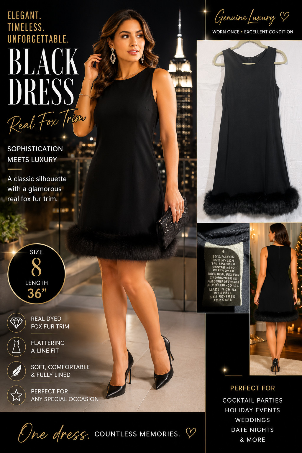 Black Sleeveless Dress Real Fox Fur Trim Size 8 Cocktail Party Holiday Excellent