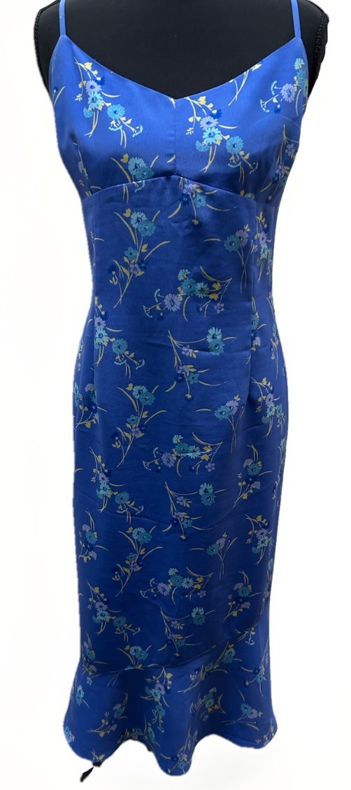 Express Floral Midi Dress Womens 13/14 Blue Satin Slip Dress Y2K Spaghetti Strap